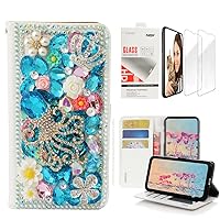 STENES Bling Wallet Phone Case Compatible with Samsung Galaxy A10e - Stylish - 3D Handmade Gemstone Octopus Crown Leather Cover with Screen Protector [2 Pack] - Light Blue