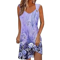 Short Sleeve Dresses Spring Summer Casual Boho Print Flutter Sleeveless V Neck Smocked Elastic Midi Dress, S-3XL