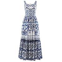 Women Summer Vintage Blue and White Porcelain Printing Straps Long Dress