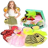 Girls Princess Dress up Trunk Ladybug, Bee, Butterfly, Green Fairy Dress, Rainbow Tutu with Wings,Headband, Hair Clip,Birthday Sash