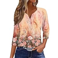 Womens 3/4 Sleeve Tops and Blouses Floral Printing Henley Neck Tunic T Shirts Casual Summer Button Down Top Easter Shirts for Women Boat Neck 3/4 Sleeve Tops for Women