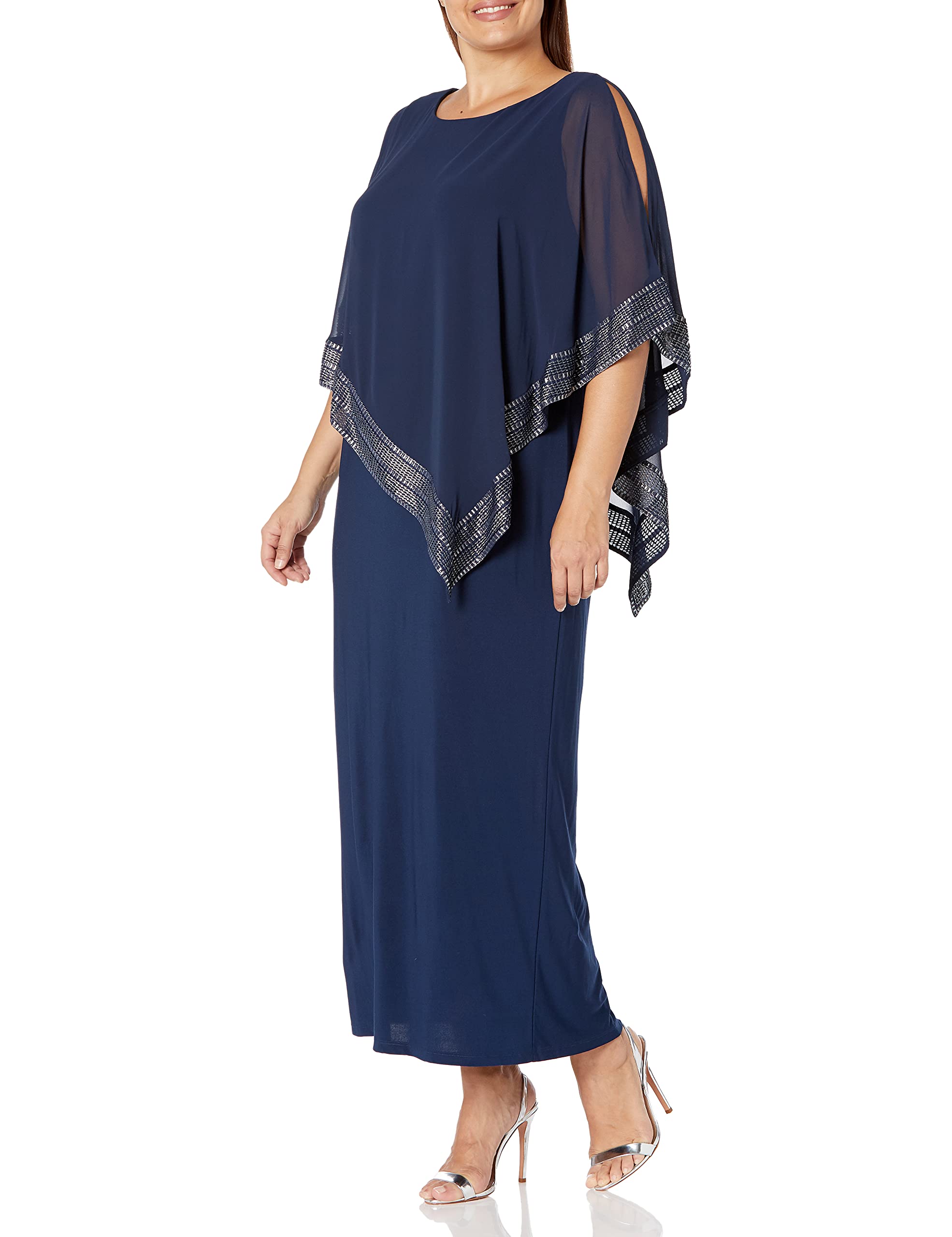 S.L. Fashions Women's Plus Size Long Cold Shoulder Capelet Dress with Metallic Trim