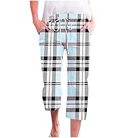 Womens Plaid Loungewear Pants Summer Loose Capri Pants Drawstring Elastic Waist Beach Pajama Bottoms with Pockets