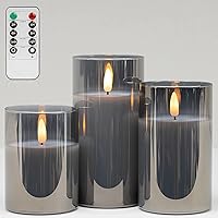 Grey Glass Flameless Candles with Timer - Battery Operated Candles with 10-Key Remote, Real Wax LED Flickering Pillar Candles for Home Decoration, D3 H 4