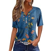 Womens Henley Tops,Womens Tops V Neck Henley Button Sequin Floral Print Y2K Tee Shirts Fashion Button Down Boho Hawaiian Blouse Spring Shirts for Women 2024