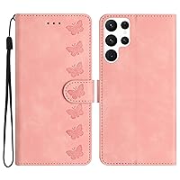Galaxy S24 Ultra Case Wallet for Women, Card Holder Folding Flip Design Butterfly Embossing Soft Leather Magnetic Folio Cover Compatible with Samsung Galaxy S24 Ultra (Pink)