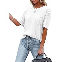 Women's Crewneck Summer T Shirt Short Sleeve Casual Loose Tops with Pocket