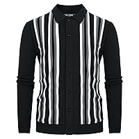 Mens Vintage Striped Knit Polo Shirt Long Sleeve Button Down Cardigan Sweater