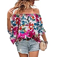 Women's Shirts Women's Tops Shirts for Women Boho Allover Floral Print Off Shoulder Blouse (Color : Multicolor, Size : X-Small)