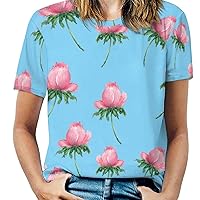 Watercolor Roses, Leaves and Buds Women's Print Shirt Summer Tops Short Sleeve Crewneck Graphic T-Shirt Blouses Tunic