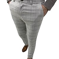 Men's Plaid Chino Pants Flat Front Stripe Slim Fit Stretch Suit Pant Checked Stylish Business Dress Trousers