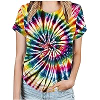 Summer Shirt for Women Tie Dye Rainbow T Shirt Funny Graphic Tees Tops Crewneck Short Sleeve Blouse Casual Loose Tunic