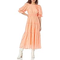 MOON RIVER Women's Puff Sleeve Shirred Tiered Midi Dress