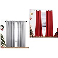 Mrs.Naturall 84 Inch Red Blackout Curtains and White Glitter Semi Sheer Curtains for Bedroom Living Room Decor