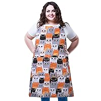 Plus Size Adjustable Long Ties Bib Apron Waterdrop Resistant with 2 Pockets Extra Large Kitchen Cooking for Women Cat