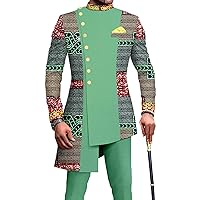 African Suits for Men Single Breasted Embroidery Print Blazer and Pants Set Dashiki Outfits