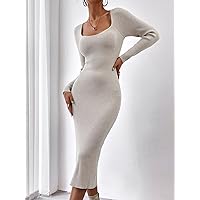 Womens Casual Knit Sweater Dress Square Neck Slit Back Long Sweater Dress Without Belt Fall Winter for Home