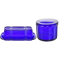 HOME-X Round Glass Butter Dish with Cover, Covered Butter Tray 6 ¾” L x 3 ¼” W x 2 ½” H and Depression Style Blue Glass Salt Cellar with Lid, Retro Kitchen Decor- 3 1/2
