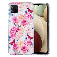 Cute Cover for Samsung Galaxy A12 Case Floral Marble Pattern, Stylish Pearl Shine Bling Slim Phone Skin Soft Silicone TPU Women Girls Case (Butterfly Flower)