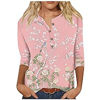 3/4 Length Sleeve Womens Tops,Casual Henley Button Down Summer Shirts Floral Graphic Tee Loose Fit Tunic Blouses