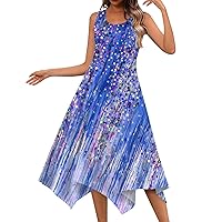 Casual Sundresses for Women Sparkly Dresses for Women 2024 Summer Print Fashion Casual Flowy Elegant with Sleeveless Crewneck Tunic Dress Blue Small