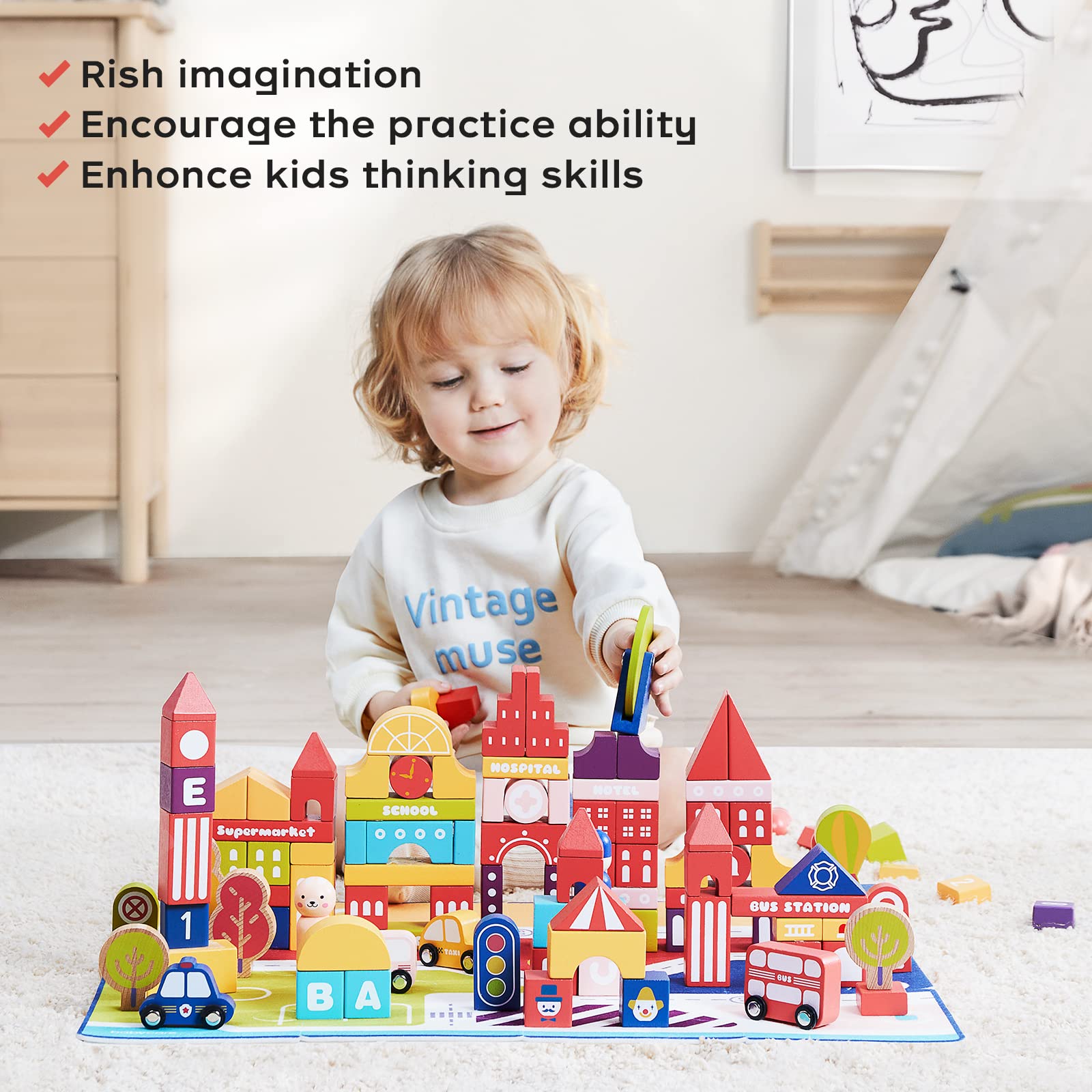 bc babycare 128 Pcs Wooden Building Blocks for Toddlers 1-3, Educational Wooden Toys with Block City,Preschool Learning Toys Wooden Building Blocks Set Educational Toys for Kids