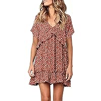 Floral Babydoll Dress for Women Short Sleeve V Neck Ruffle Tiered Short Mini Dress Loose Casual Summer Beach Sundresses