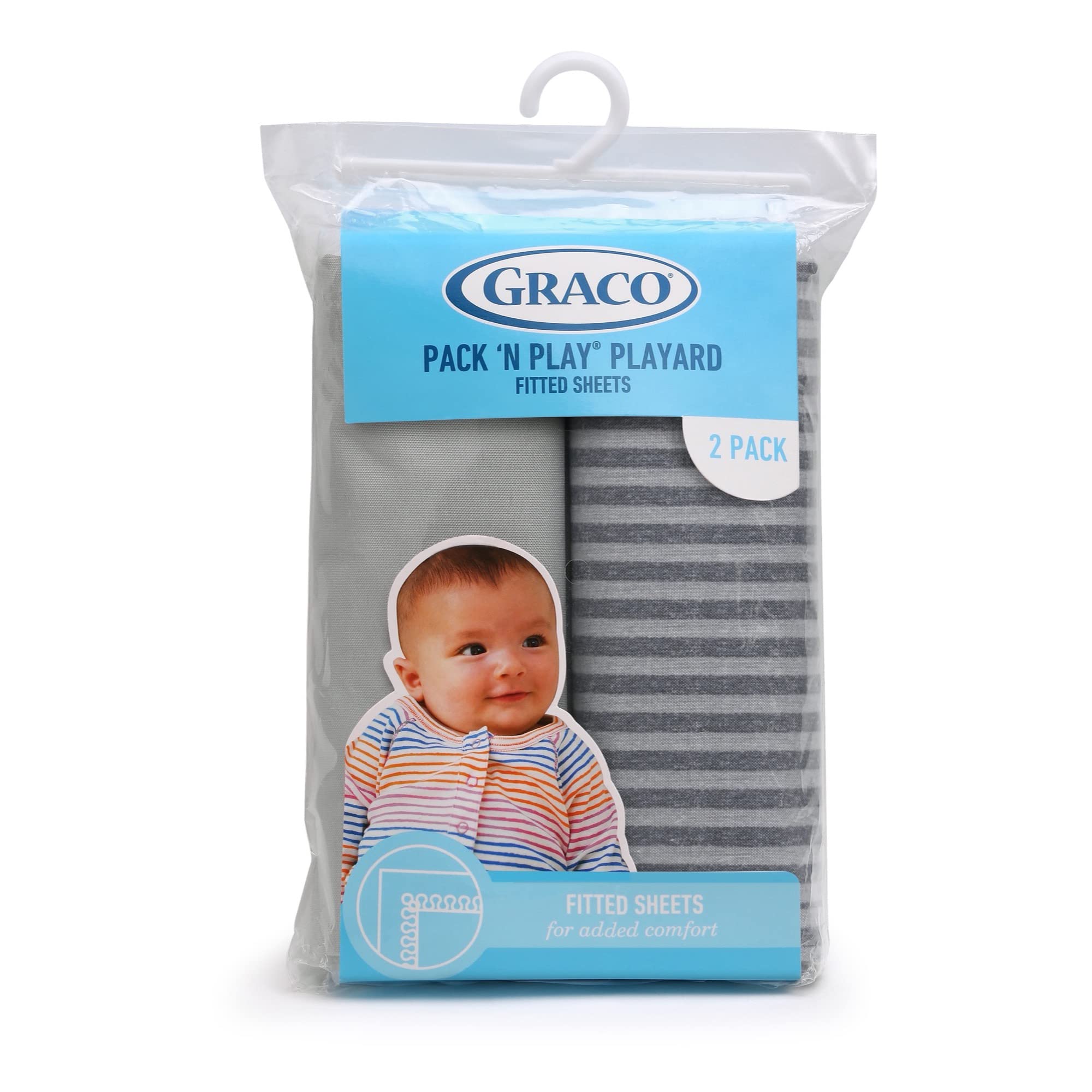 Graco® Pack ‘n Play® Playard Fitted Sheets, 2 Pack, Stripes and Grey