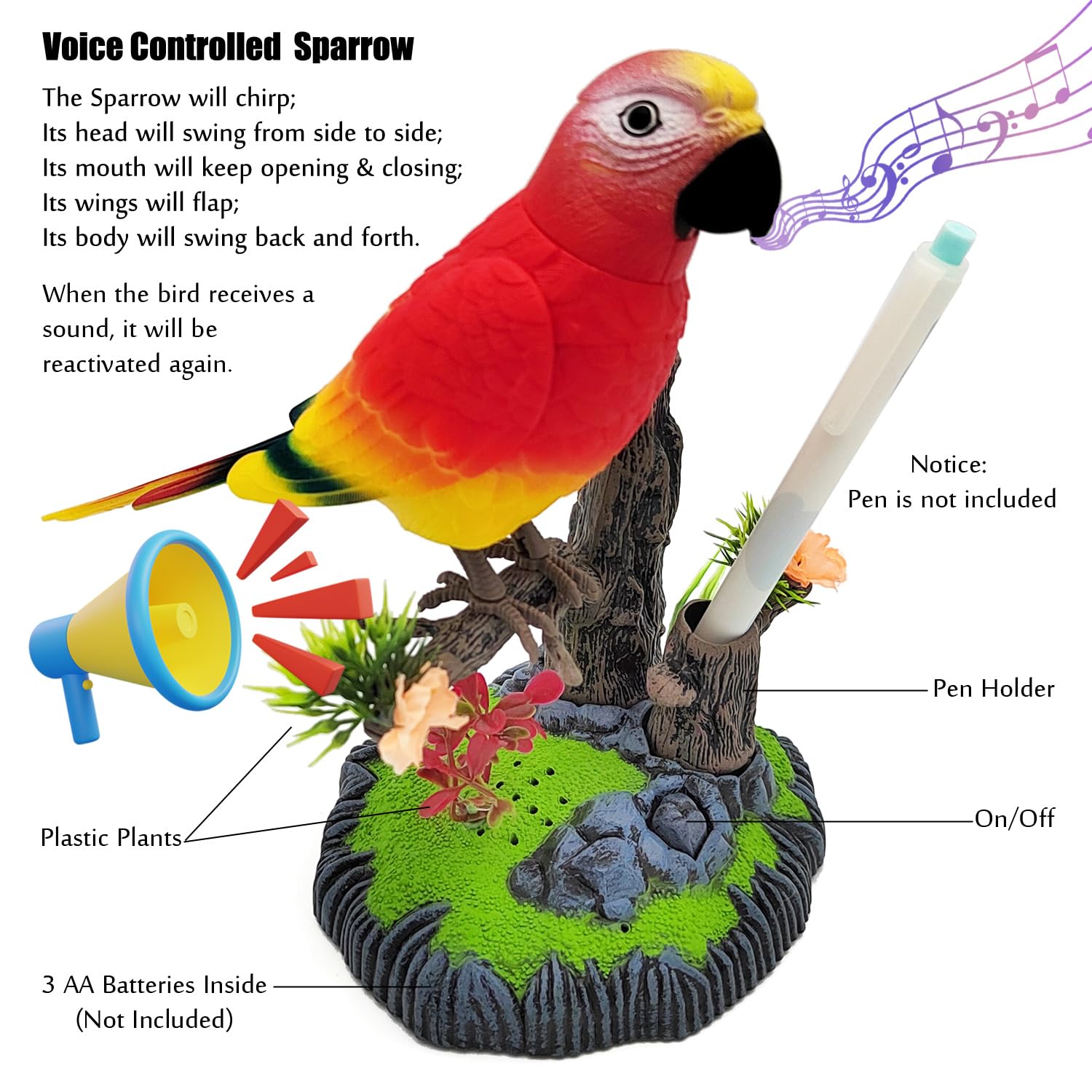 Tipmant Electronic Bird Toys Electric Parrots Animal Pets Move Chirp Realistic Home Office Room Decoration Kids Birthday Gifts (Red)