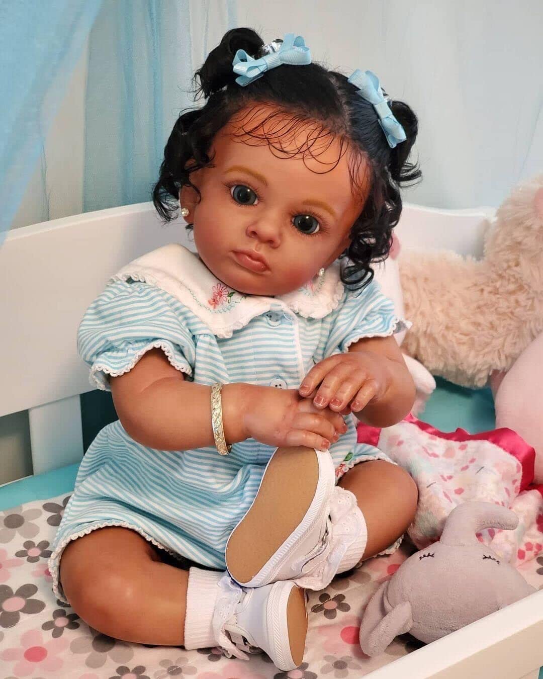 KOKOMANDY Reborn Baby Dolls Black Girl 24 Inch Dark Brown Soft Silicone Realistic Toddler Baby Dolls Weighted Cloth Body Biracial African American Newborn Baby Doll Handmade Toy for Kids