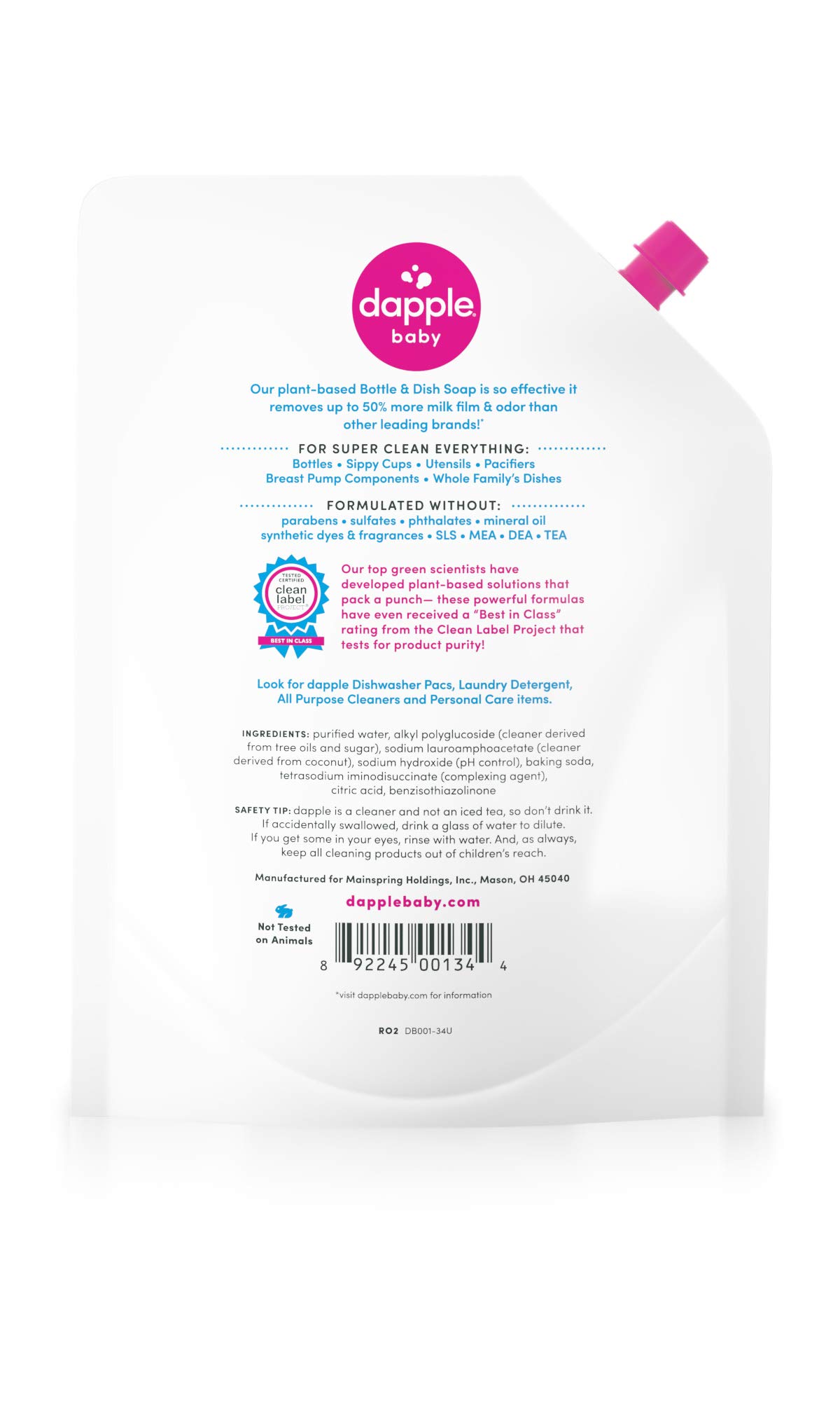 Dapple Baby, Bottle and Dish Liquid Refill Dish Soap Plant Based Hypoallergenic, Fragrance Free, (Pack of 2) 68.0 Fl Oz
