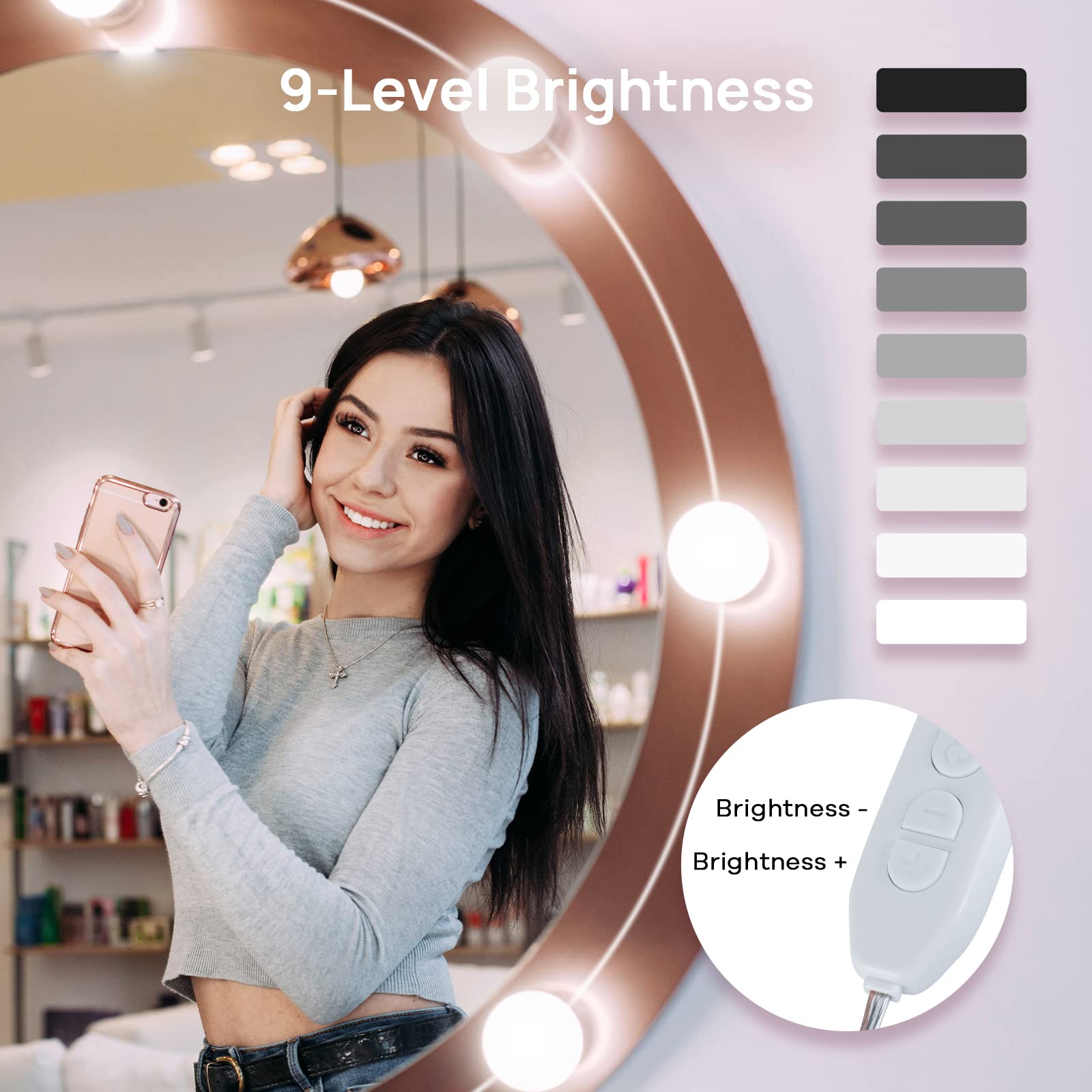 LED Vanity Lights For Mirror, Consciot Hollywood Style Lights With 14 Dimmable Bulbs, Adjustable Color & Brightness, USB Cable, Mirror Lights Stick on for Makeup Table Dressing Room Mirror,White