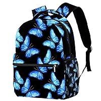 Backpack for Middle School Students Causal Bookbag Travel Work Daypack Blue Butterflies on Black Background