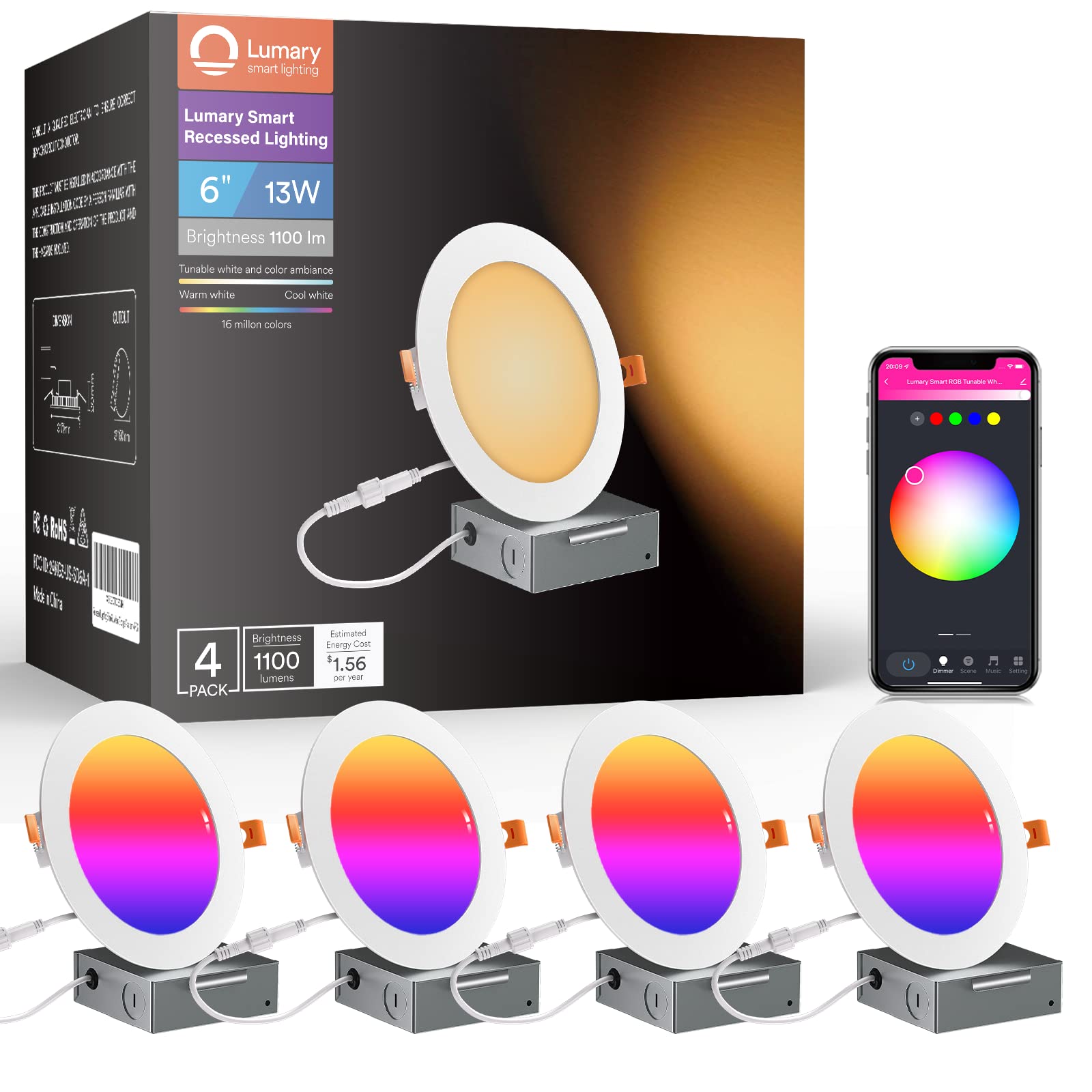 Lumary Smart Recessed Lighting 6 Inch Canless LED Recessed Lights 13W 1100lm Color Changing LED Downlight Wi-Fi Bluetooth Soffit Lights with Junction Box Work with Alexa/Google Assistant (6inch-4PCS)