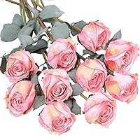 Artificial Rose Flowers Realistic Silk Burnt Edge Vintage Rose with Long Stem for Home Bridal Wedding Party Floral Bouquets Decoration (10Pcs, Pink)