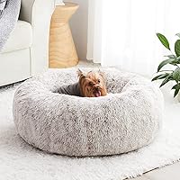 WNPETHOME Calming Dog Bed & Cat Bed, Anti-Anxiety Donut Small Dog Bed, Fluffy Faux Fur Cat Cushion Dog Bed for Small Dogs and Cats (27 x 27 Inch, Light Coffee)