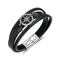 Vintage Design Stainless Steel Viking Nautical North Star Marine Compass Sailor Signet Anchor Multi-Layer Hand-Woven Leather Cuff Bracelet