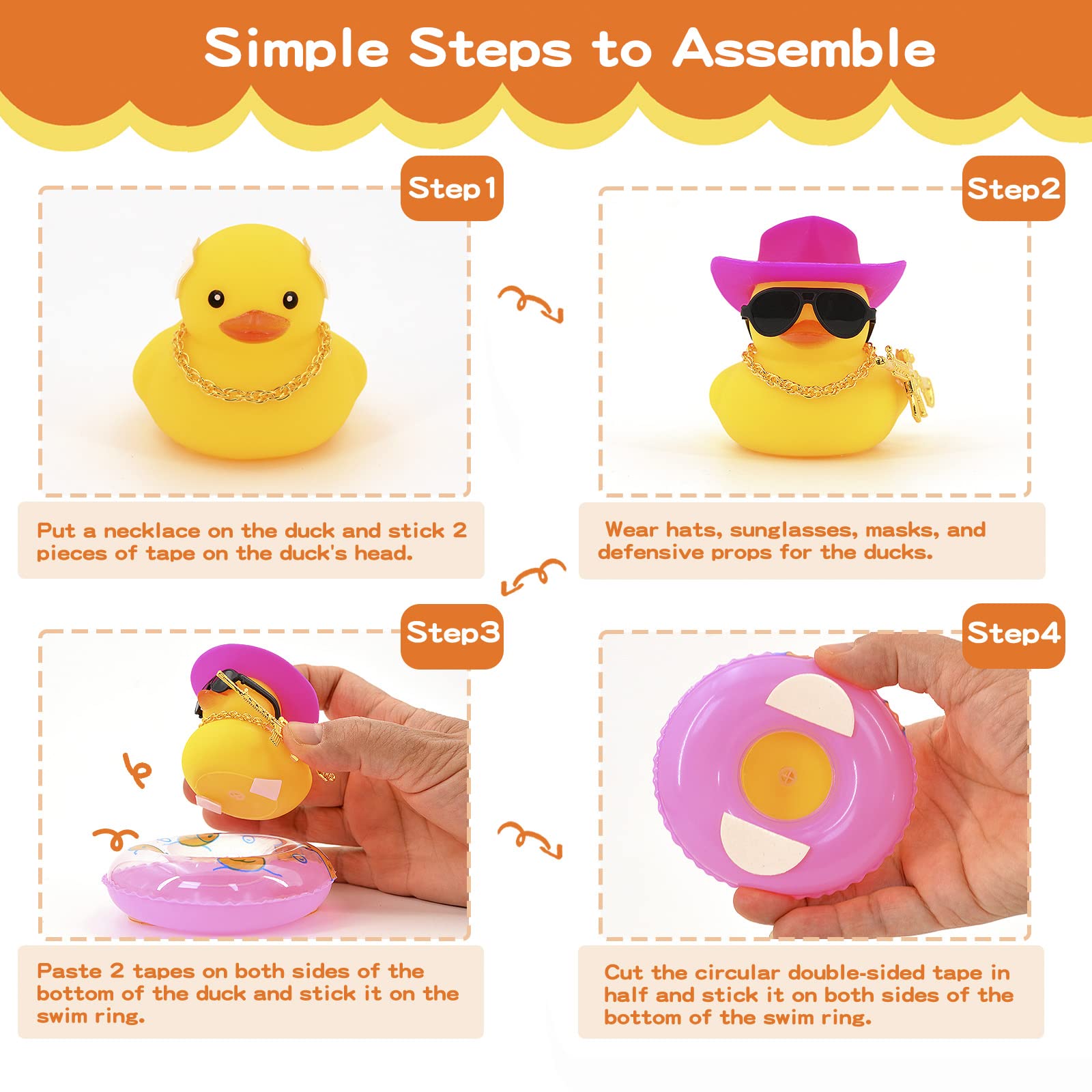 Ducks for Cars - Rubber Duck for Dashboard of Car, Yellow Duck Car Dashboard Decorations, Squeak Ducks Toys Car Ornaments Car Décor Accessories with Hat Swim Ring Necklace Sunglasses for Decor Home