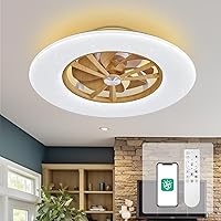 24'' Low Profile Ceiling Fan with Light, Ceiling Fans with Lights and Remote Control, Flush Mount Ceiling Fan with Backlight, App Controll and Reversible Quiet DC Motor (Wood)
