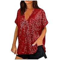 Women's Basic Tees Sequin Tops V-Neck Short Sleeve Tops Loose Shiny Dress Up Tops Party Short Blouses, S-5XL