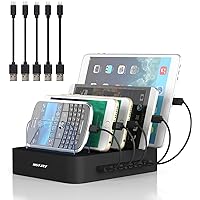 Charging Station for Multiple Devices, MSTJRY USB-A Charging Station Dock Switch Cell Phone 5 Port Charging Station, Designed for iPhone iPad Cell Phone Tablets (Black, 6 Short Cables Included)
