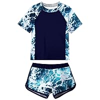 Idgreatim Girls Rashguard Swimsuit 2 Piece Short Sleeve Bathing Suit UPF 50+ Sun Proction Swimwear Size 8-12 T