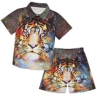 visesunny Toddler Boys 2 Piece Outfit Button Down Shirt and Short Sets Animal Tiger Galaxy Boy Summer Outfits