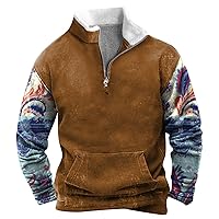 Mens Aztec Winter Spring Fleece Jackets Shirts Oversized Quarter Zipper Slim Fit Fur Collar Pullover Tops with Pocket