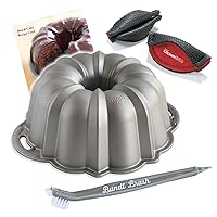 Nordic Ware Platinum Silver Anniversary 12 Cup Bundt Pan With Bundt Cleaning Tool + Kitchen Grips Pot Holder and Recipe Card