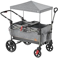 Busy Bee Foldable Wagon Stroller for 2 Kids, Push Pull Collapsible Kids Wagon with Adjustable Handle Bar, Removable Canopy, 5-Point Harness, Shock-Absorbing Wheels, Grey