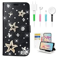 STENES Bling Wallet Phone Case Compatible with iPhone 15 Plus Case - Stylish - 3D Handmade Star Butterfly Design Leather Girls Women Cover with Cable Protector [4 Pack] - Black