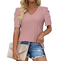 XIEERDUO Women's Summer Tops Trendy V Neck T Shirts Puff Sleeve Casual Flowy