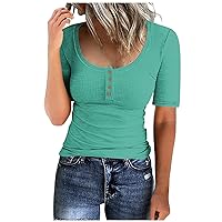 Women's Short Sleeve Henley T Shirts Button Up Slim Fitted Tops Sexy Scoop Neck Ribbed Knit Shirts Trendy Basic Tees