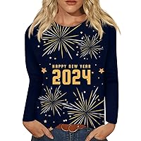 New Years Eve Outfits Women, Women's Fashion Loose Casual Long Sleeve Round Neck 2024 New Year Printed Plus Size Tops
